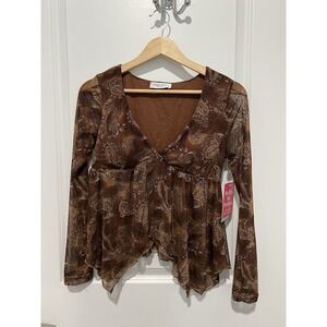 Good Days Sheer Brown Paisley Long Sleeve Peplum‎ Top Medium Fairy Grunge NWT